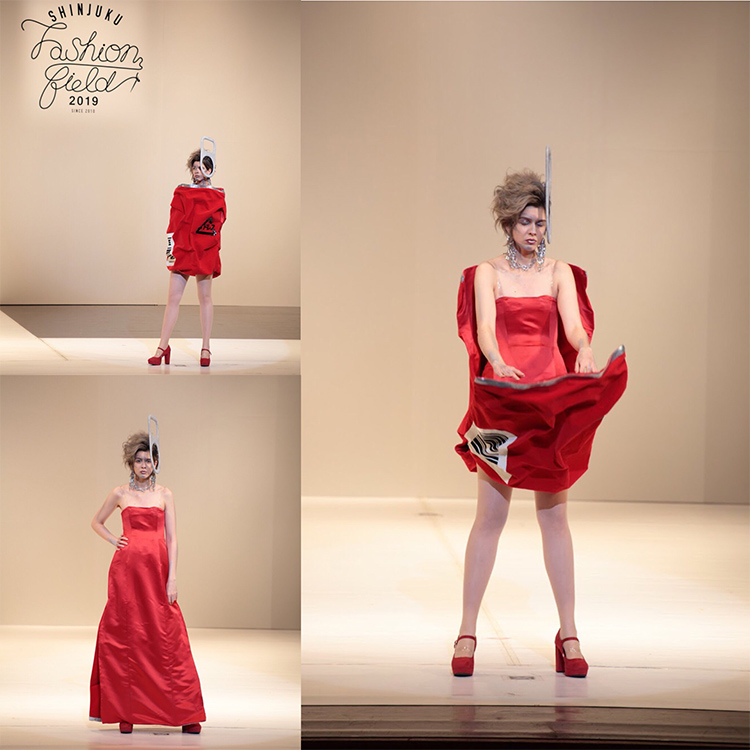「新宿ファッションフィールド2019」で準グランプリを受賞した作品。40年目のクチュールをテーマに、空き缶をモチーフにしたドレスを発表した。