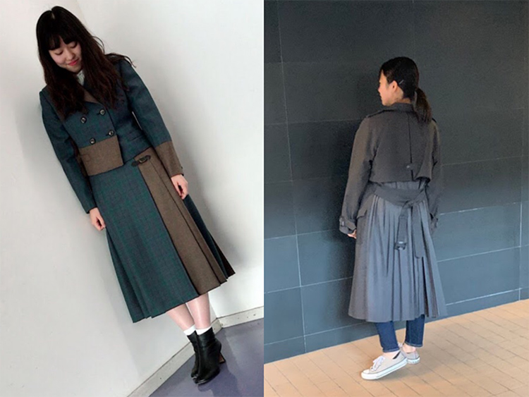 服装科1年次に制作したジャケットとスカートのセットアップ。トレンチコートは技術専攻に進んで手がけたトレンチコート。どちらもプリーツを入れているのがポイント。