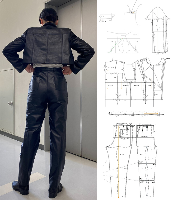 3年次、皮革の課題で手がけたライダースセットアップとそのパターン。「満足のいく仕上がりになりました。すごく履きやすいので、私服として愛用しています」