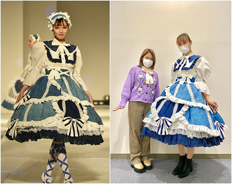 文化祭のファッションショーでは、日本の伝統技法である藍染め・板染め・刺し子にスモッキングを掛け合わせ、“新しいロリータ”を提案。ベースとなる「姫ロリ」「甘ロリ」に「少年系ロリータ」を加え、小物にもこだわりました。