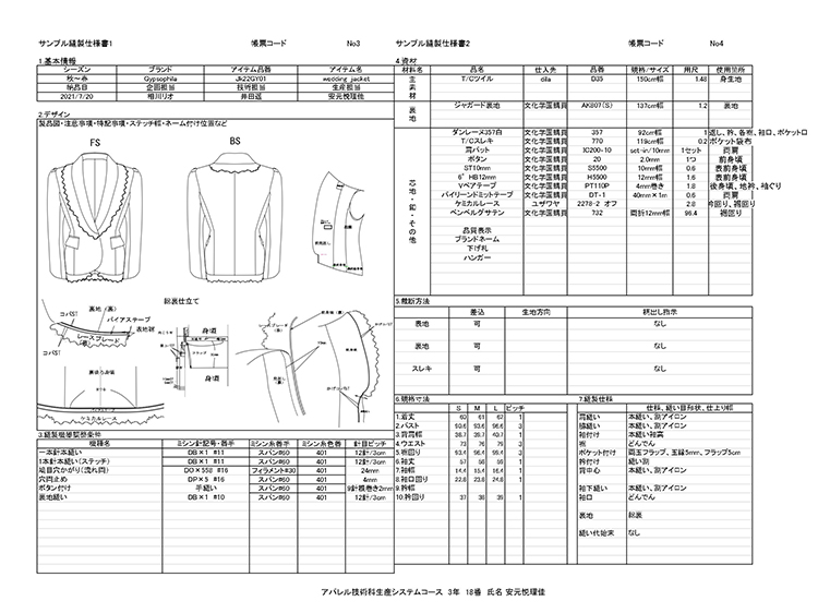 ジャケットのサンプル縫製仕様書。実際の生産の現場でもこうした資料が用いられています。原価計算や販売価格の設定をしてレポートにまとめたり、プレゼン資料を作成して発表したりしながら、実務スキルを学びます。