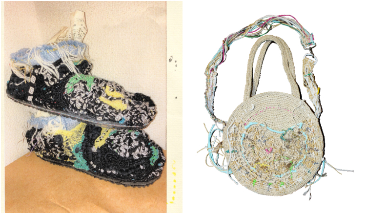 課題作品の編み物の靴と、コラボレーション企画でのバッグのリメイク画像