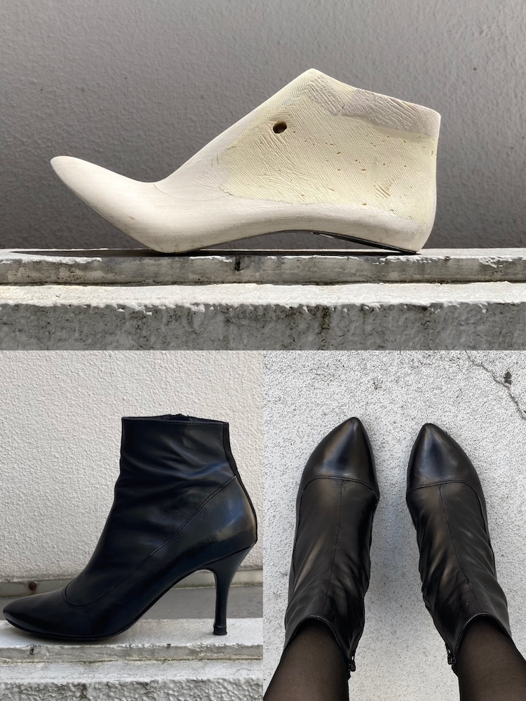 オリジナルの靴型と実際に制作したブーツの写真